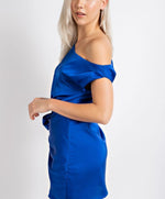 One-Shoulder Satin Mini Dress with Tie – Royal Blue
