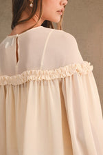 Cream Sheer Ruffle Balloon Sleeve Blouse