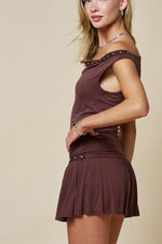 Brown Studded Off-Shoulder Top & Skort Set (Sold Separately