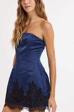 Navy Satin Lace Trim Mini Dress