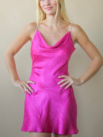 Metallic Cowl Neck Mini Slip Dress
Available Colors: Hot Pink, Emerald Green & Black