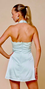 Sage lace trim satin halter mini dress