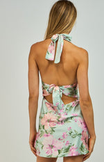 Minty. Floral halter open back waist tie mini dress