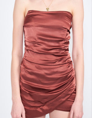 Melony Satin Ruched Tube Mini Dress 🤎