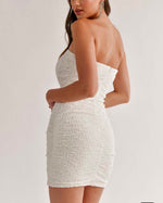 London nights Strapless Textured Bodycon Mini Dress. White- black