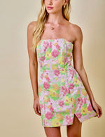 Floral jacquard strapless mini dress with slit- pink multi