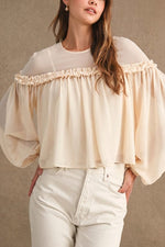 Cream Sheer Ruffle Balloon Sleeve Blouse