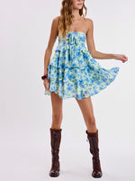 Blue Floral Strapless Ruffle Mini Dress