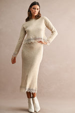 Light Taupe Lace Trim Knit Midi Skirt