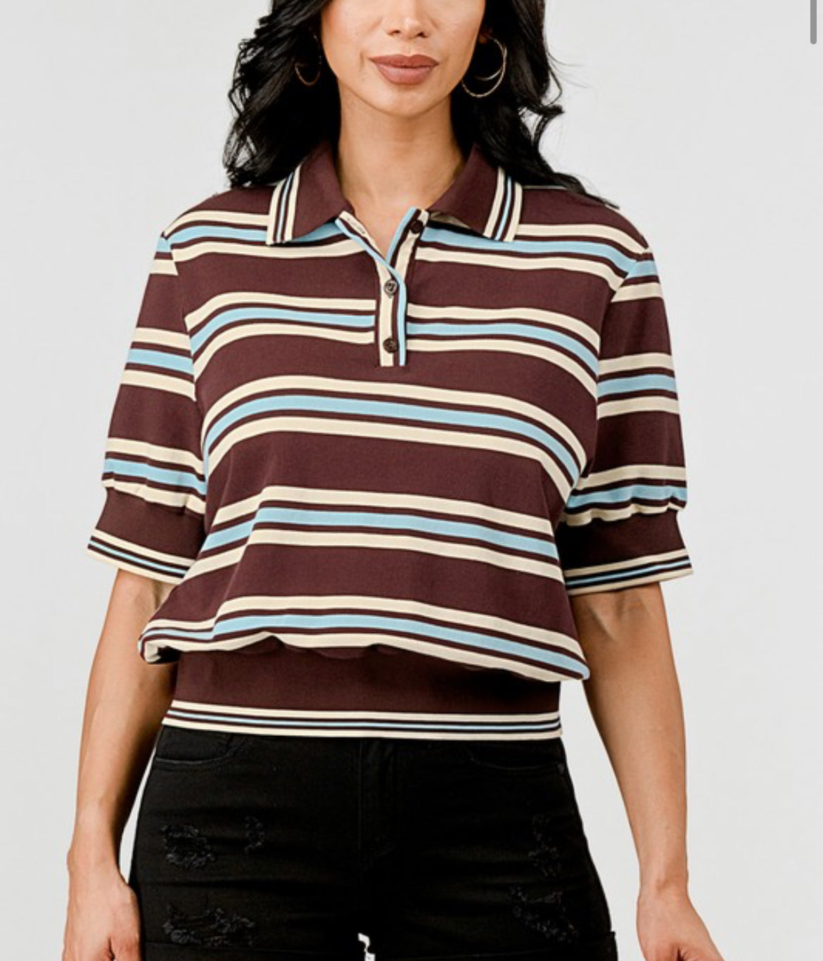 Besties striped polo-style top:brown