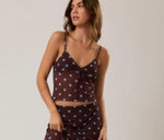 Brown Polka Dot Mesh Cami Top and skirt set
(Sold Separately)