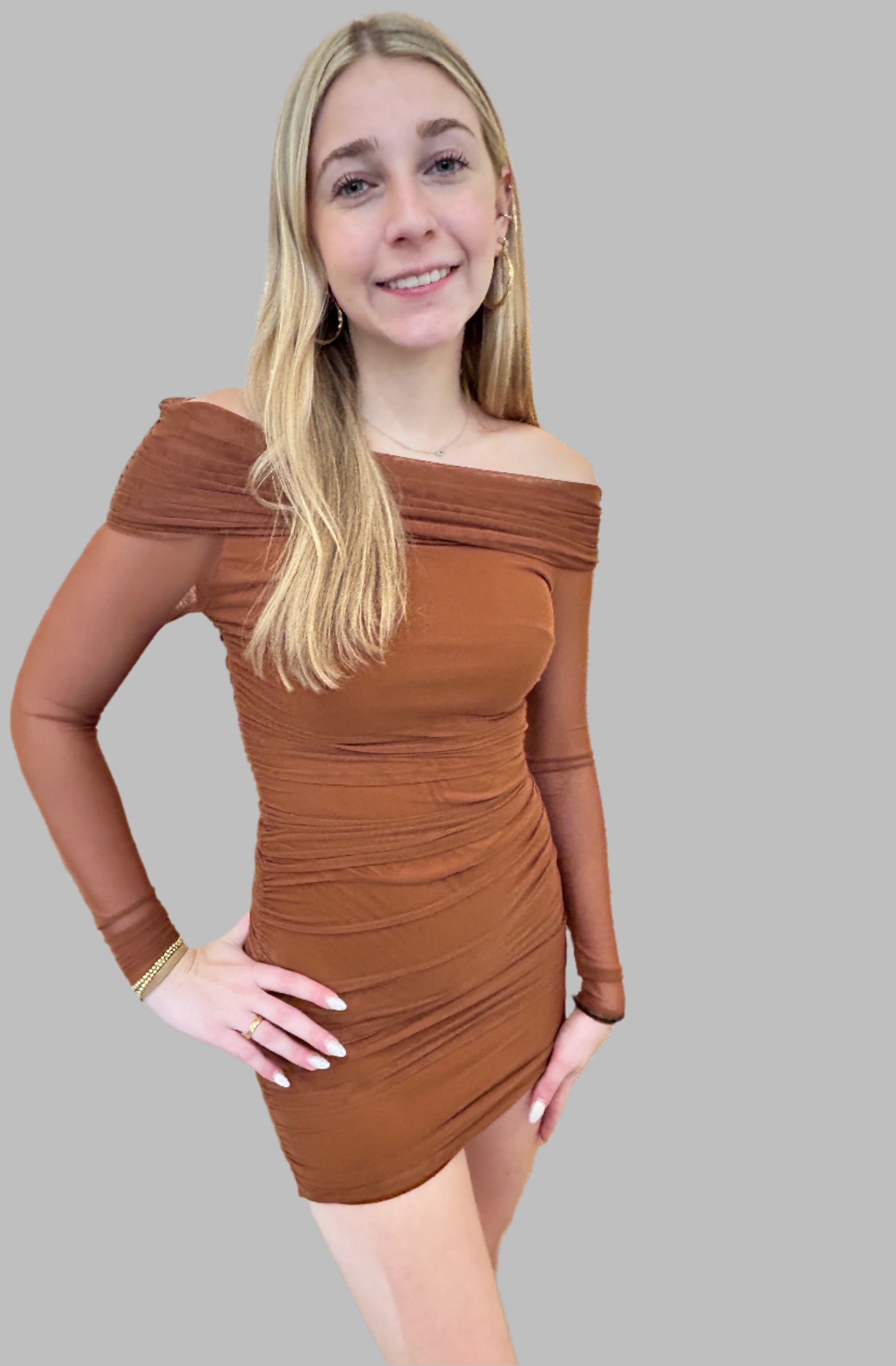 Toffee off shoulder long sleeve Mesh mini bodycon dress Medium / Brown / Mesh Toffee off shoulder long sleeve Mesh mini bodycon dress Medium / Brown / Mesh