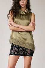 Olive Satin LaceTrim Cowl high Neck Top
