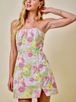 Floral jacquard strapless mini dress with slit- pink multi