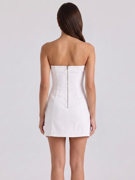 White denim fit & flare strapless mini dress