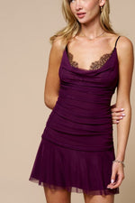 Plum Lace Trim Mesh Mini Dress