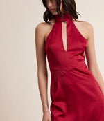 Red lips Mini halter open back silky dress -red