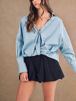 Dusty Blue Twist-Front Button Down Top