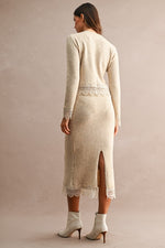 Light Taupe Lace Trim Knit Midi Skirt