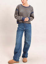 Navy & Tan Striped sweatshirt with Back open cross twist