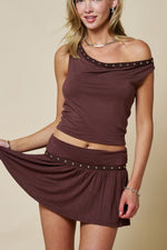 Brown Studded Off-Shoulder Top & Skort Set (Sold Separately
