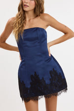 Navy Satin Lace Trim Mini Dress