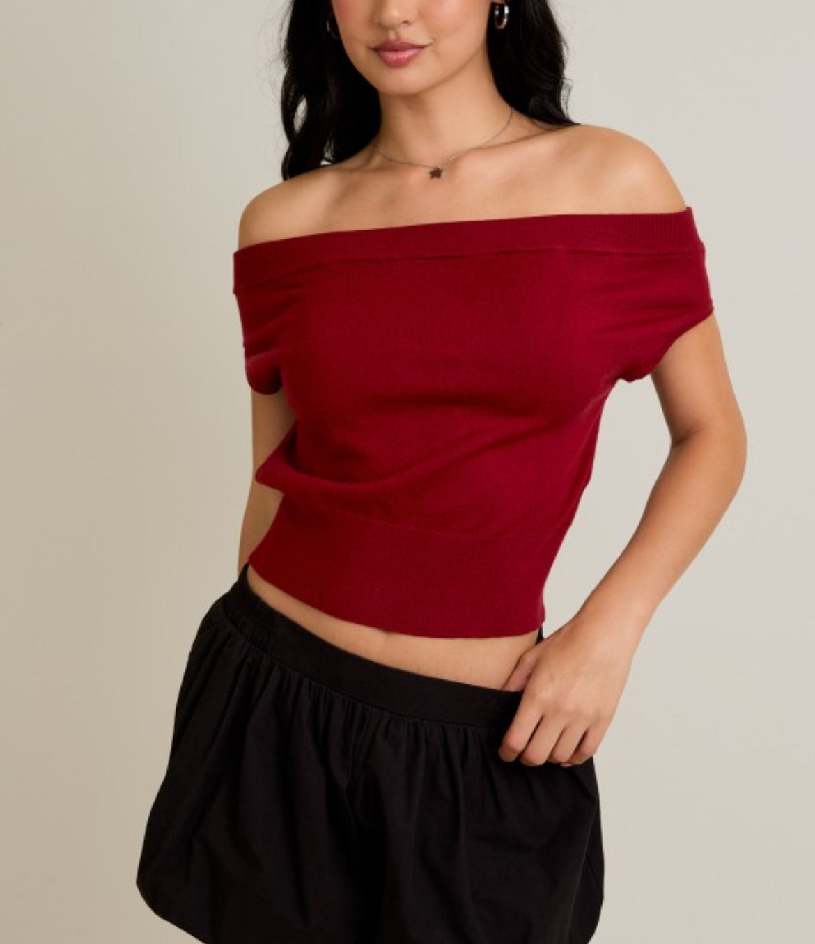 Crimson Off-Shoulder Knit Top - burgundy