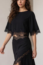 Black Lace trim Midi Skirt
