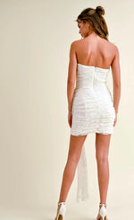 strapless ruched lace mini dress black-white