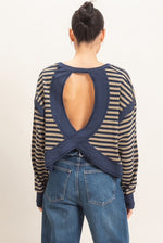 Navy & Tan Striped sweatshirt with Back open cross twist