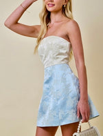 Blue Floral Jacquard Strapless Mini Dress