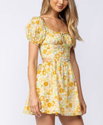 Short sleeve gold floral garden mini dress