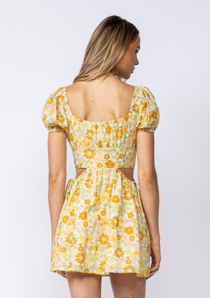 Short sleeve gold floral garden mini dress