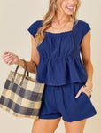 Navy blue cotton gauze top and shorts set