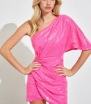 Neon pink sequin one shoulder dress