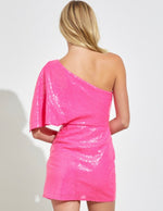 Neon pink sequin one shoulder dress
