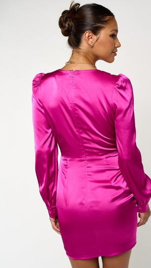 Hottie long sleeve satin mini dress -hot pink