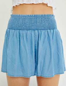 Tencel blue shorts- smocked waist