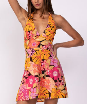 Tropical orange floral halter mini dress