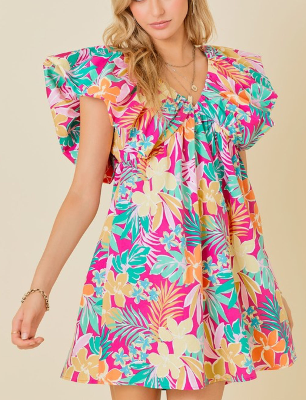 Vacation Tropical print v- neck mini dress