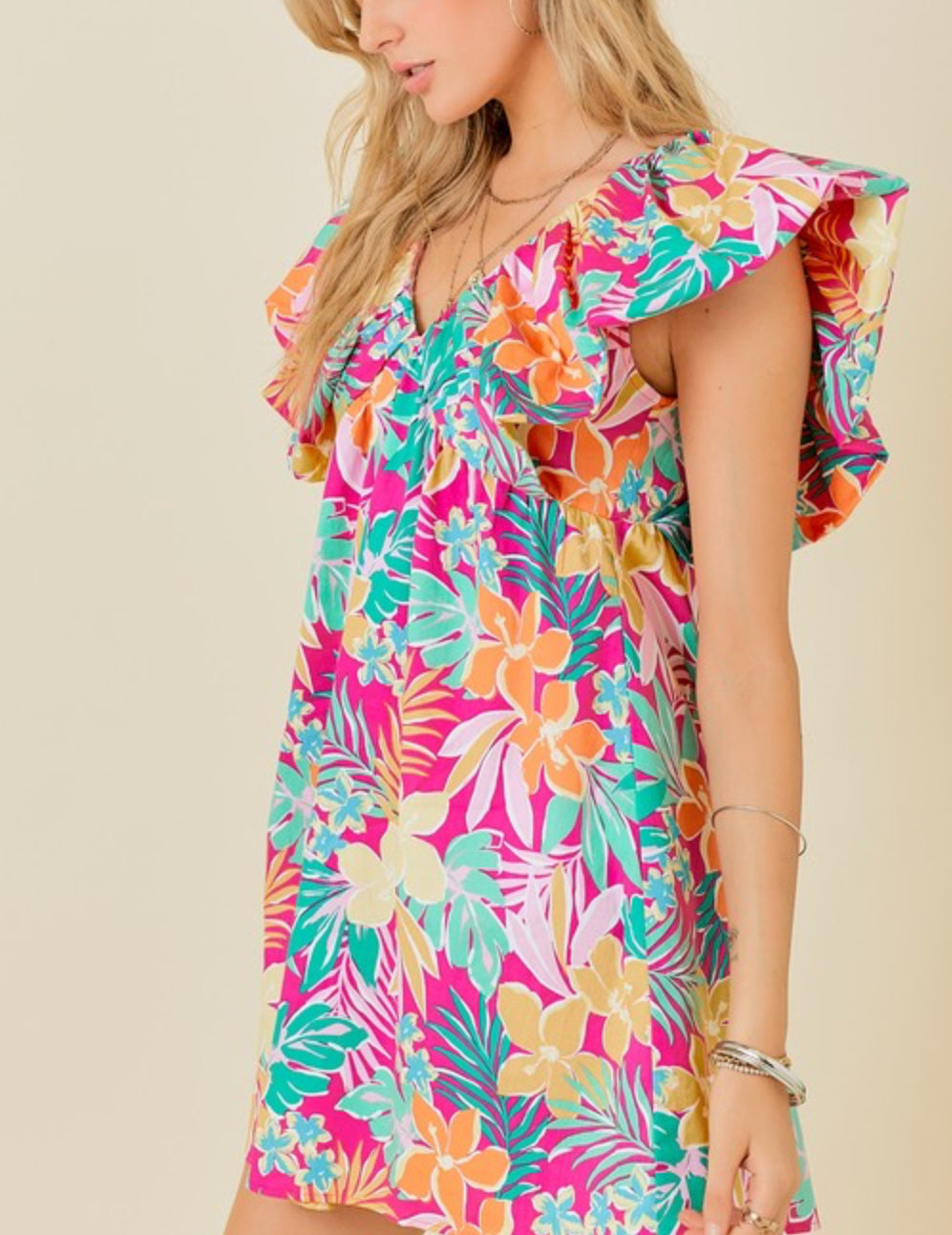 Vacation Tropical print v- neck mini dress