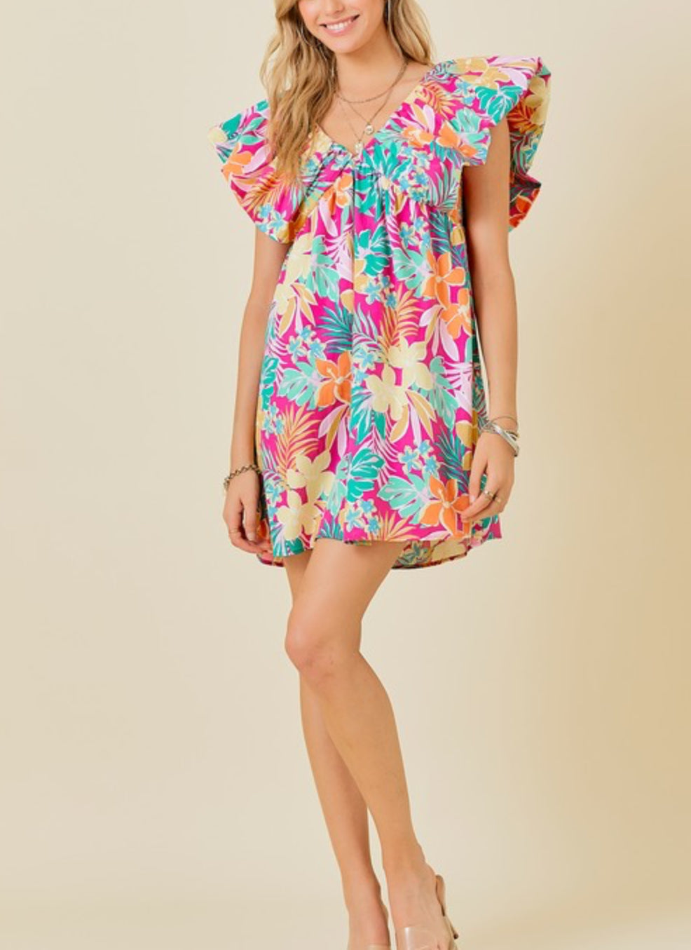 Vacation Tropical print v- neck mini dress