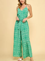 Green paisley scarf print long romper jumpsuit