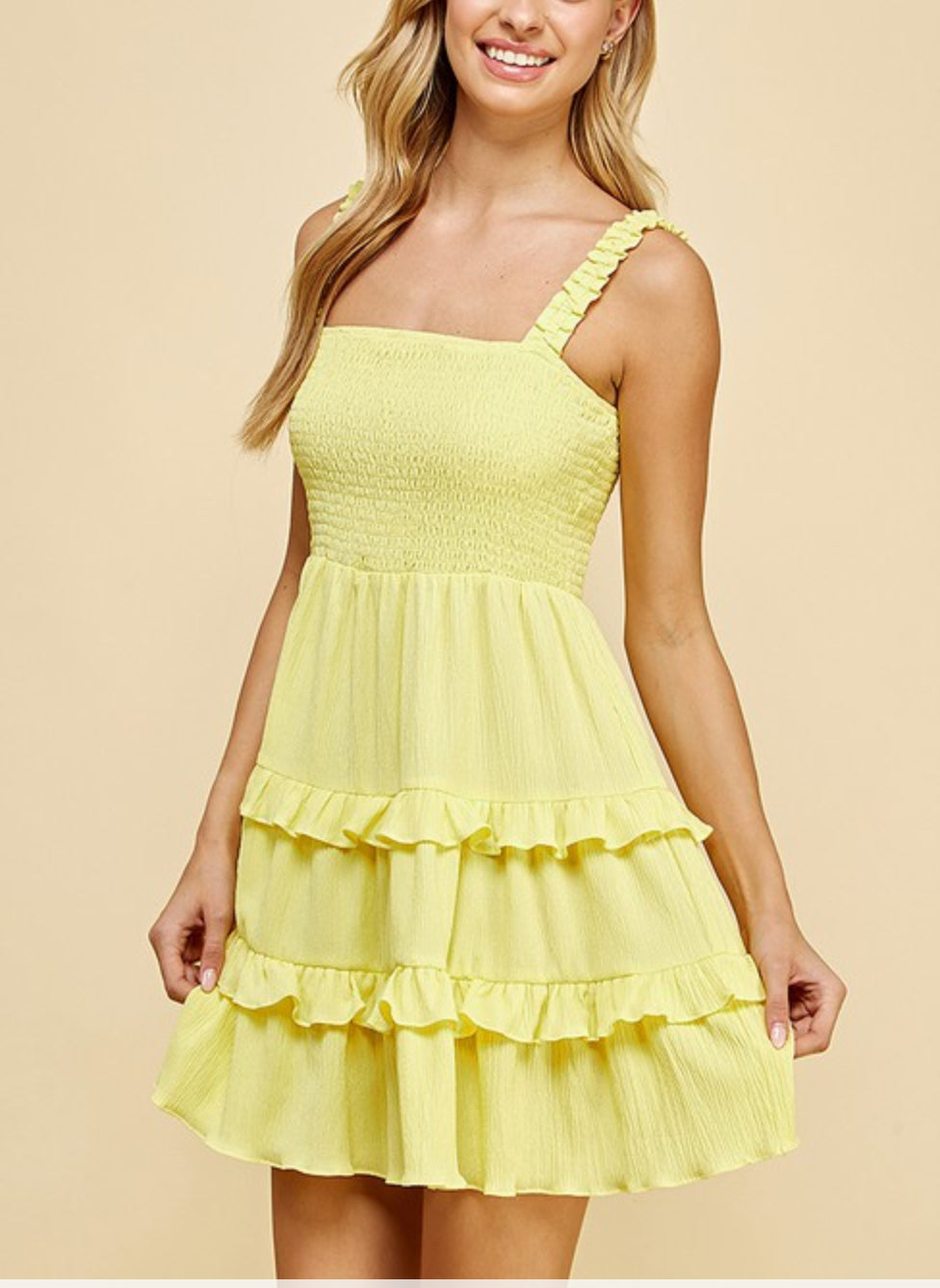 Yellow teared dress with smocked front