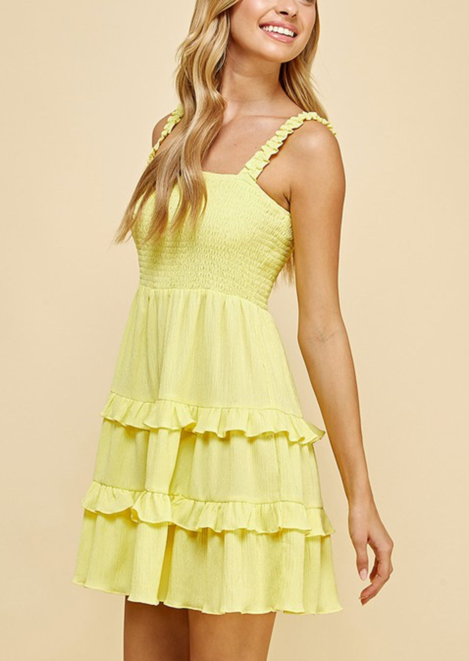 Yellow teared dress with smocked front