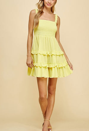 Yellow teared dress with smocked front