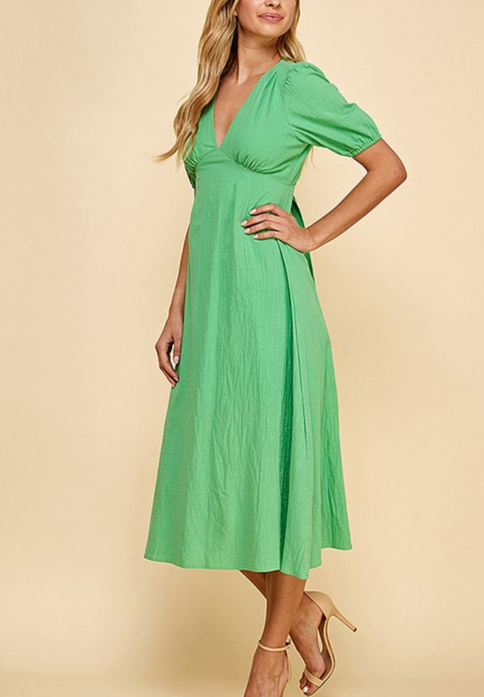 Green v-neck open back midi dress