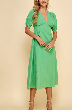 Green v-neck open back midi dress