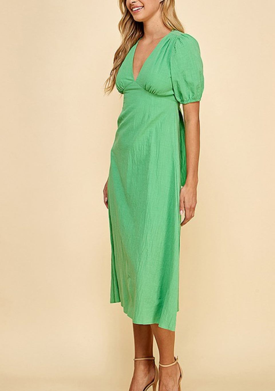 Green v-neck open back midi dress