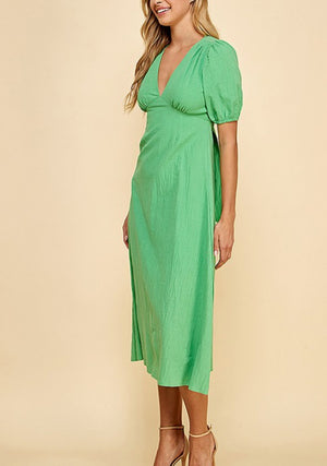 Green v-neck open back midi dress